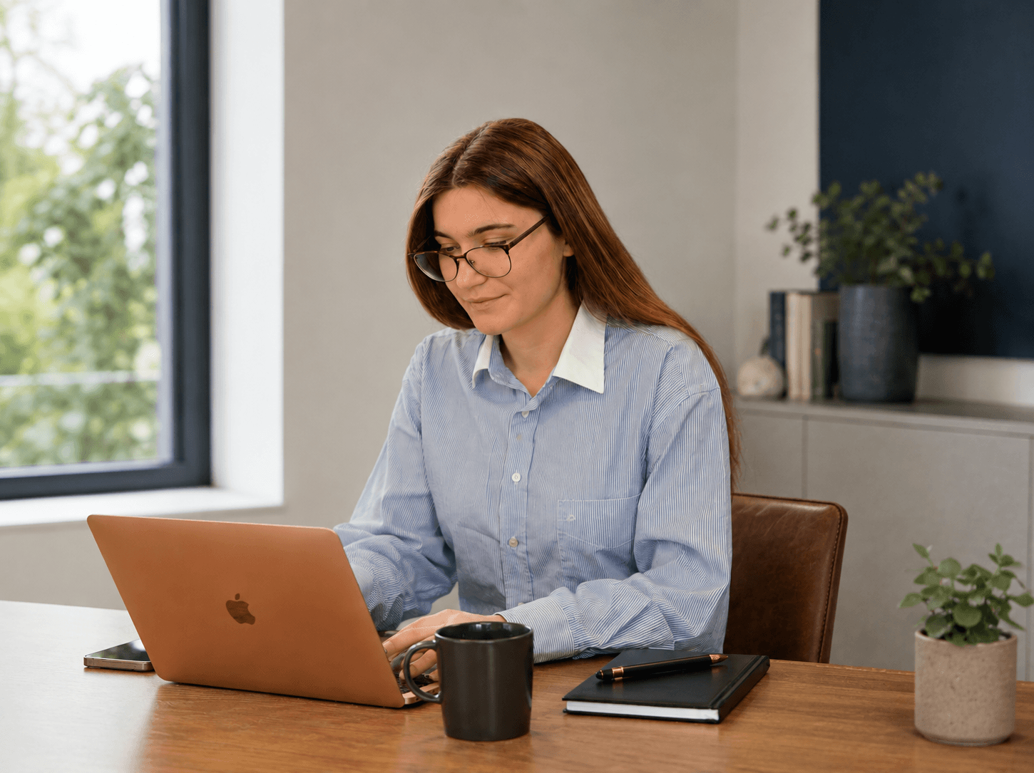 Eine Vertriebspartnerin bereitet an ihrem Laptop eine Beratung vor.
